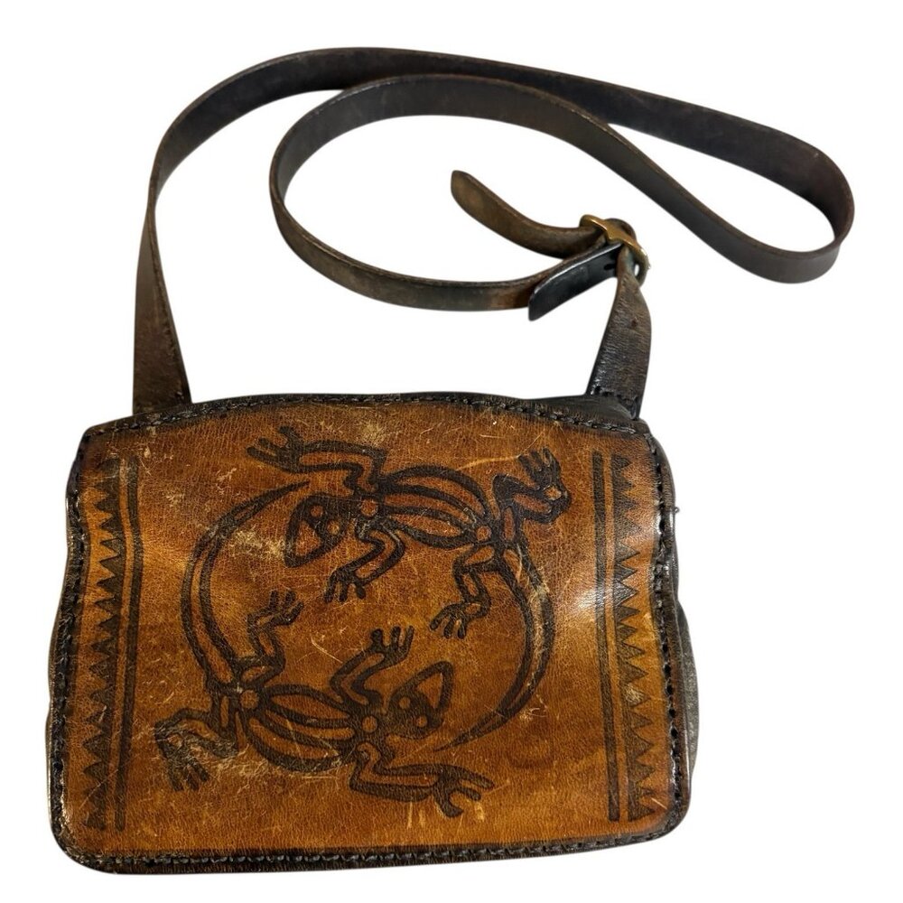 Handmade Tooled Leather Bag Vintage Ethnic Crossbody Purse Lizard Gecko